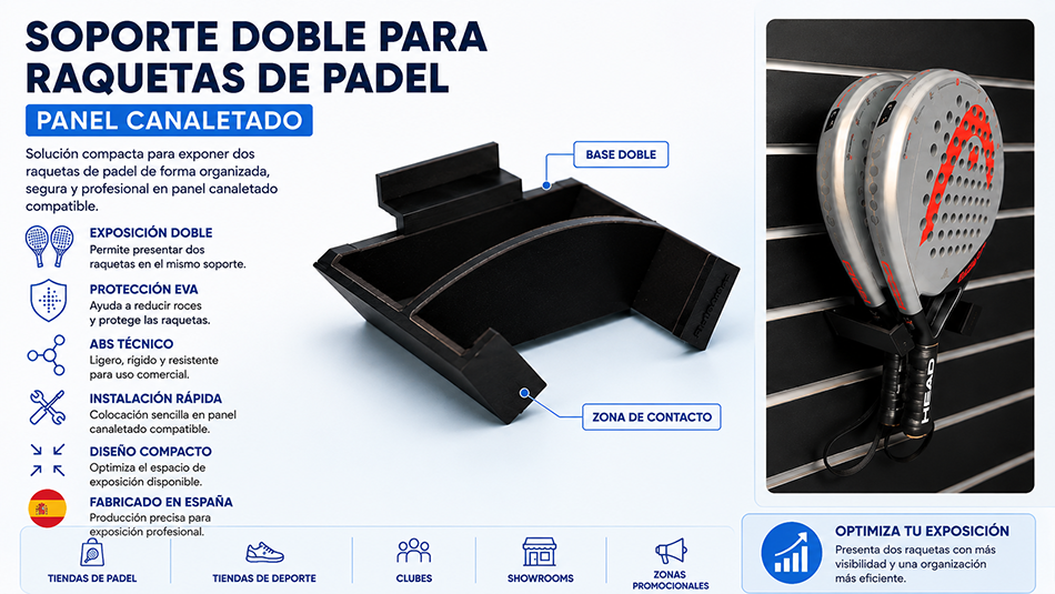 Soporte doble para raquetas de pádel en ABS con protección EVA instalado en panel canaletado